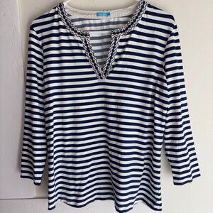 J. McLaughlin Catalina Navy White Stripe Nautical Preppy Embroidered Top size L